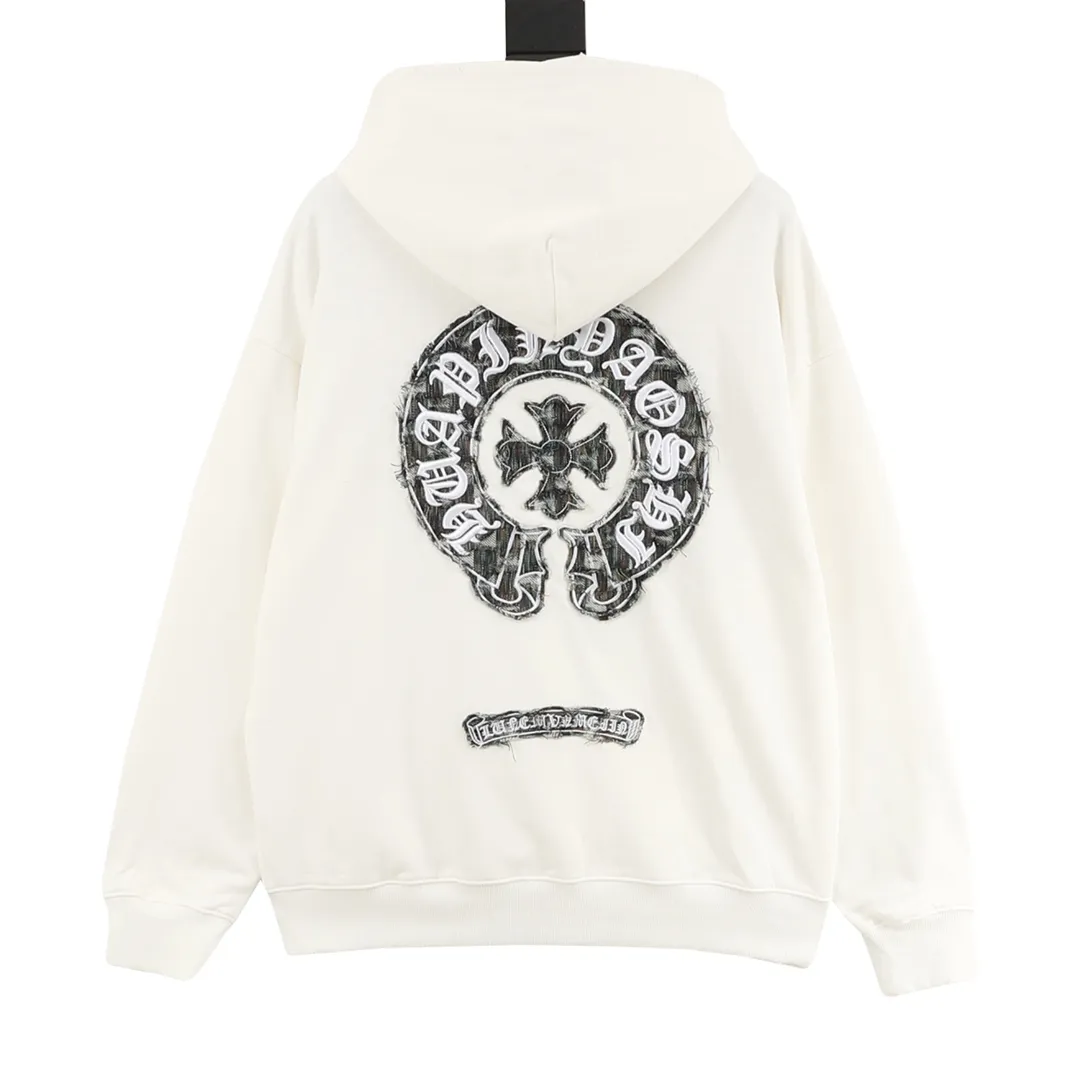 P580 Chrome Hearts/Chrome Hearts Heavy Industry Cross Logo Patch Embroidery Washed Burnt Flower Hooded Sweater Made of 430g pure cotton sweatshirt fabric with double yarns. The fabric is woven with double yarns and twisted together. It is 40% stronger than single yarn and forms a three-dimensional texture similar to the texture of tripe. It not only maintains the moisture absorption and breathability of pure cotton, but also achieves softness and non-collapse through double-strand thickening. Laser burnt patch embroidery. Frayed process Micro-label patch on the chest Large logo cross pattern on the back Heavy-duty laser burnt three-dimensional patch embroidery pattern design Washed and frayed The overall garment presents a lazy style Whether it is daily outings or sports and fitness, you can show your trendy attitude and become the focus of the street Complete with three logos OS loose fit Color: Washed black, Washed white Size: S-XL